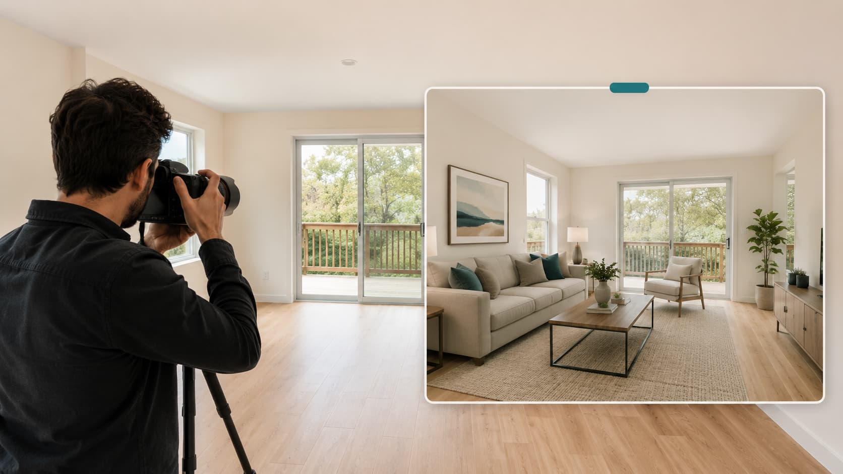 Real-estate photographer capturing a vacant room with a staged result preview for client review.